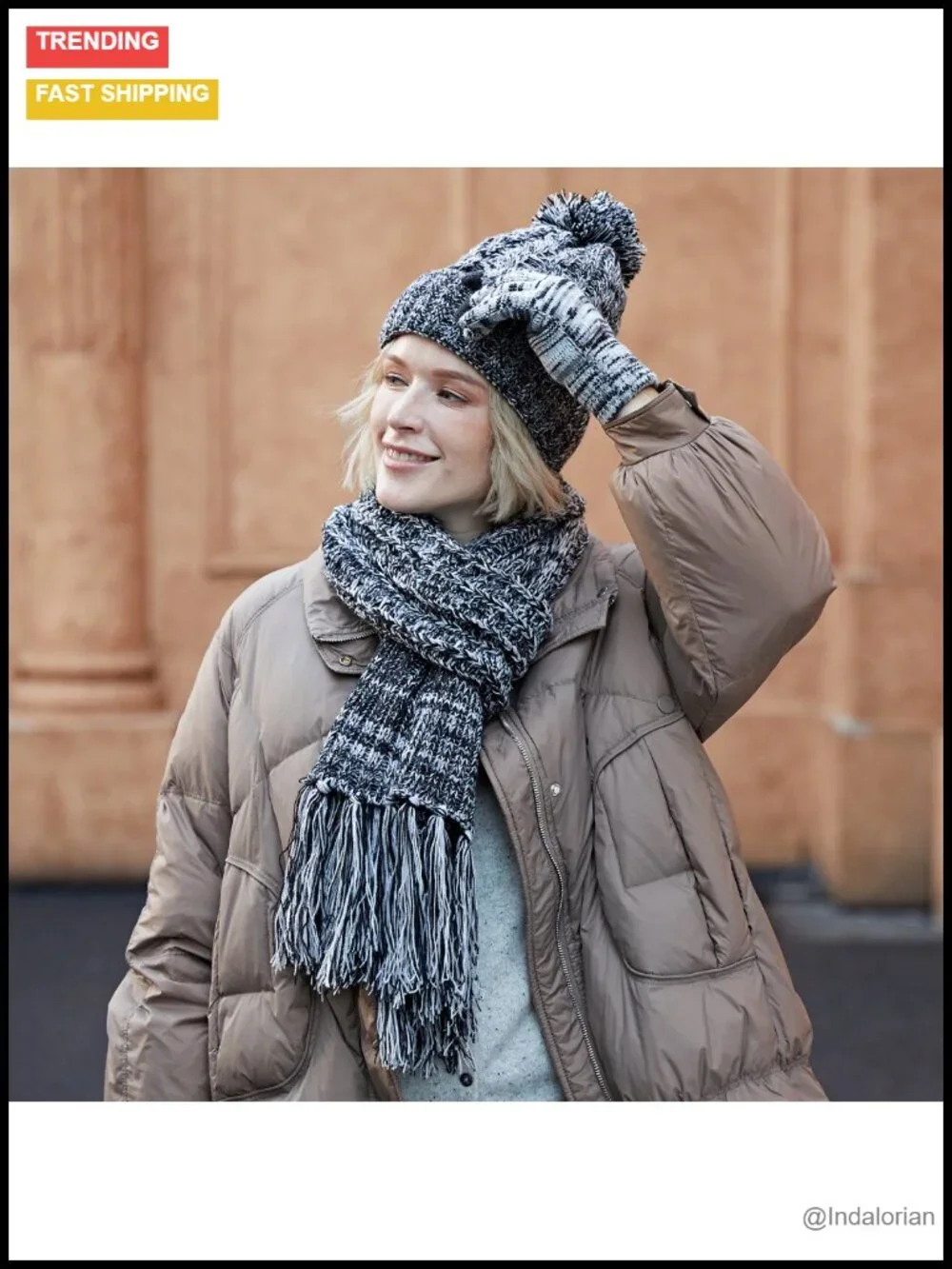 3 in 1 Knit Winter Hat Scarf Glove Set Touch Screen Fleece Lined Pom Pom Beanie